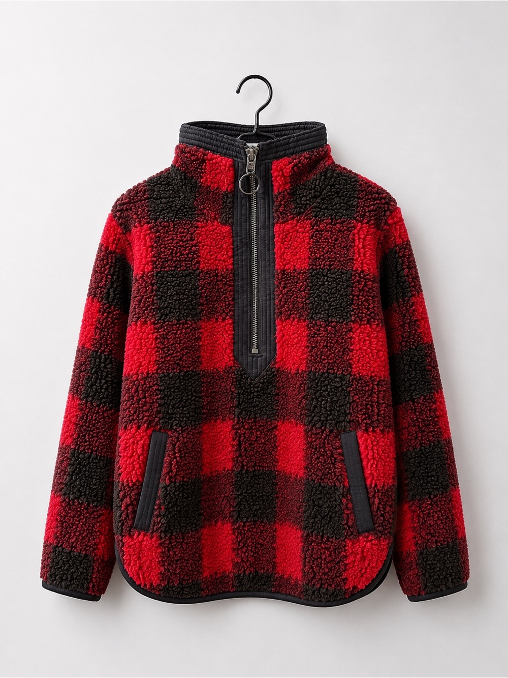 Abercrombie & Fitch Red and Black Buffalo Plaid Sherpa Half-Zip